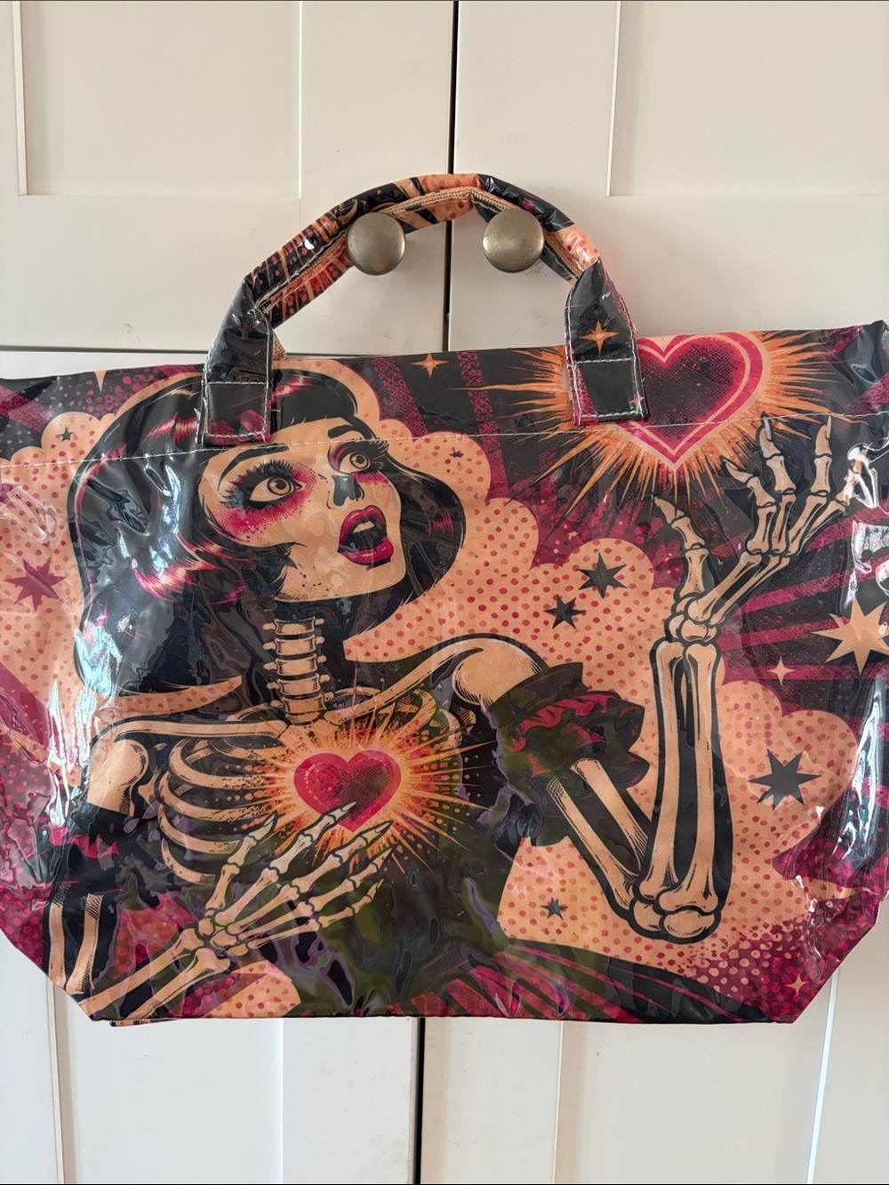 Graphic Heart Skeleton Tote Bag in Pink and Black Large 17’wide by 15’tall New
